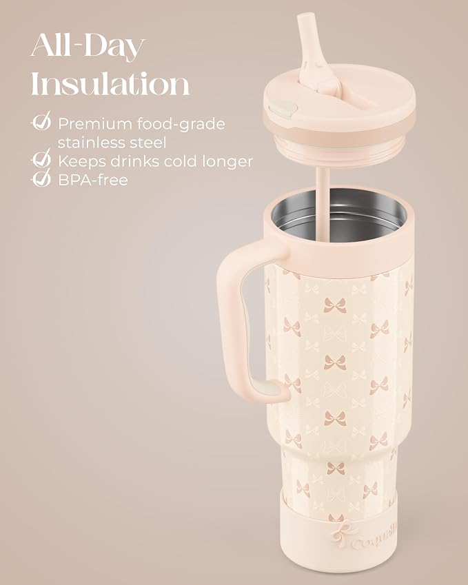 40 oz Insulated Tumbler with Handle and Push-Button Straw Lid, Stainless Steel - Image 4