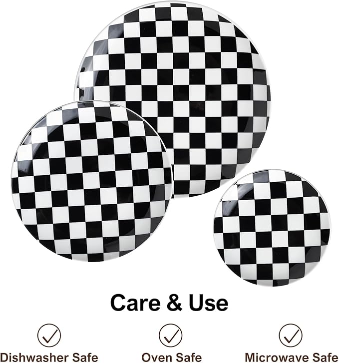 Ceramic Dinner Plates Set of 6-10 Inch Salad Plates, Black and White Checkered Porcelain Dinner Plates Microwave, Oven & Dishwasher Safe, Minimalist Porcelain Dish Set