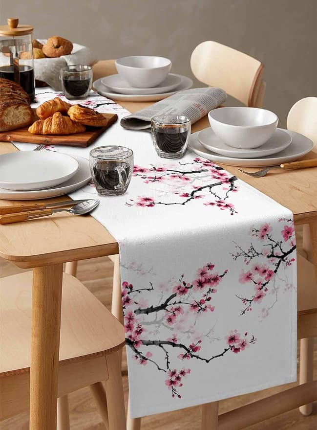 Pink Cherry Flowers Table Runners 108 Inches Long, Cotton Linen Fabric Table - Image 3