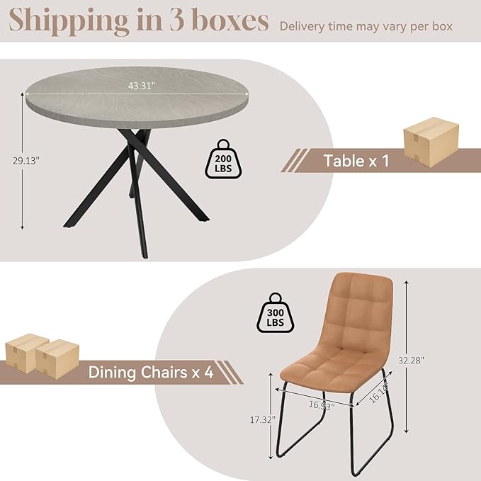 44" Round Dining Table with Cozy Chair Set for 4, Modern Mid-Century Dining Table Set of 4, Dinette Sets with Metal Leg for Kitchen Dining Room Apartment(Gray Table + Brown Chairs)