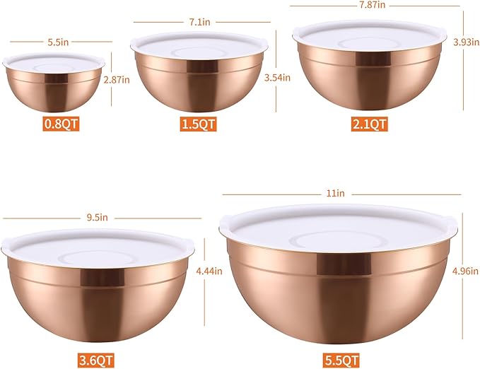Rose Gold Mixing Bowls with Airtight Lids, Stainless Steel Nesting Mixing Bowls Set of 5, Ideal for Baking, Prepping and Serving Food, Size 5.5, 3.6, 2.7, 2.1, 1.5, QT, Stackable Design