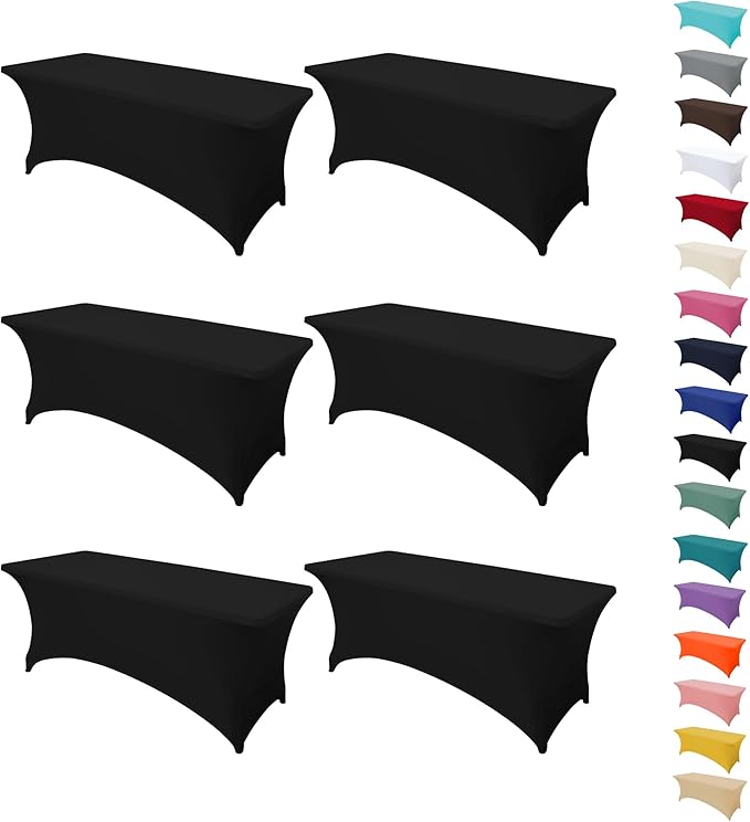 6Pack 8FT Table Cloth for Rectangular Fitted Events Stretch Black Table Covers Washable Spandex Tablecloth Protector for Party, Wedding, Cocktail, Banquet, Festival