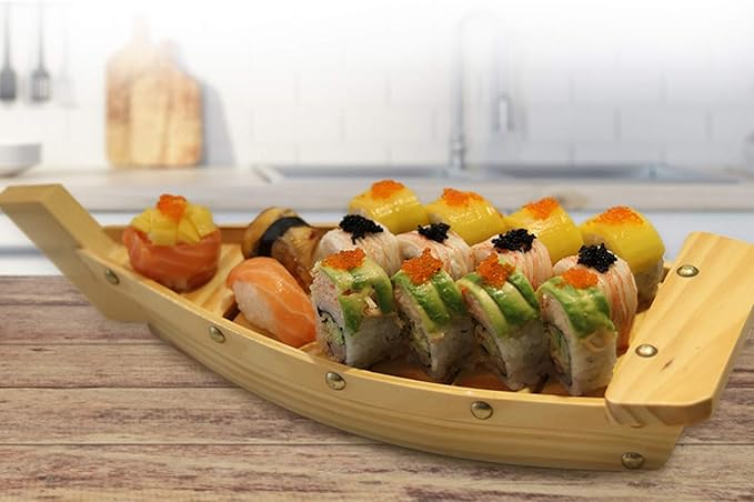Kichgather 14.5“ Wooden Sushi Serving Tray Boat Plate for Restaurant or Home