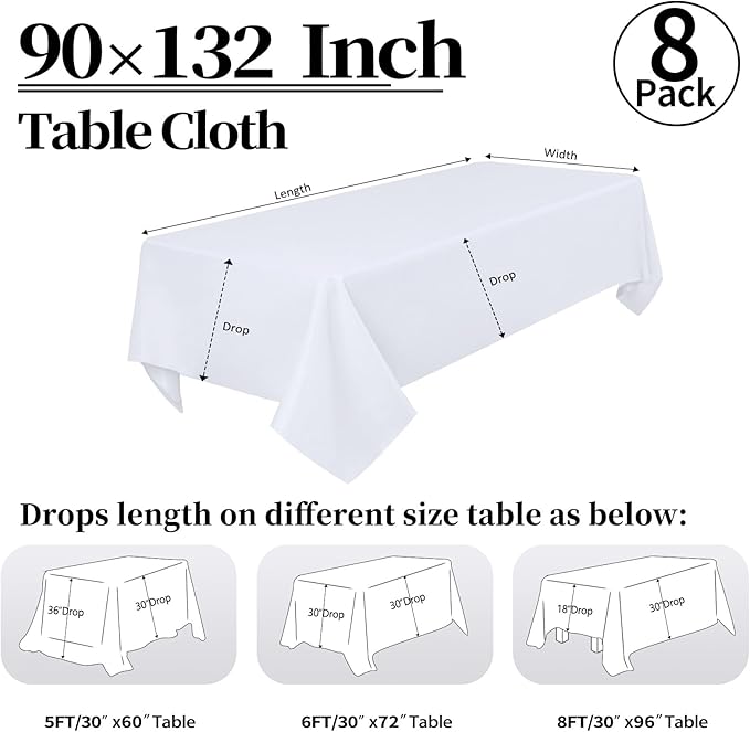8 Pack White Tablecloth 90 x 132 Inch Rectangular Table Cloth for 8 Foot Rectangle Tables, Wrinkle Resistant Washable Polyester Fabric Covers for Wedding Party Banquet Buffet and Camping