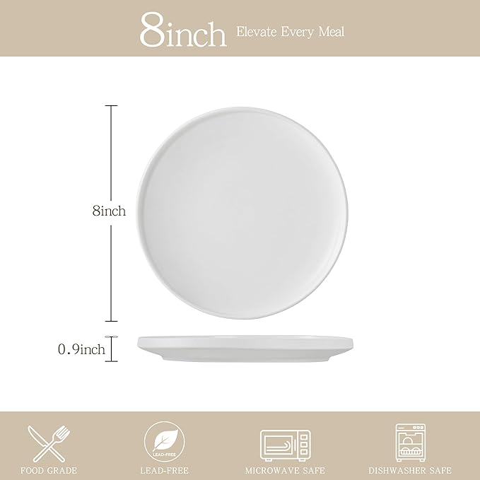 Stoneware Salad Plates Set of 4, 8 Inch Plates for Dessert, Ceramic Plates Sets, Microwave Safe, Dishwasher Safe, Versatile for All Seasons, Matte White