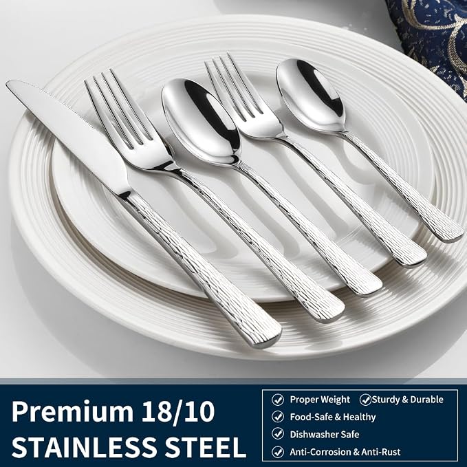 Black Hammered Silverware Set, Heavy Duty Flatware Set, 18/10 Stainless Steel - Image 6
