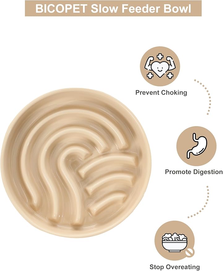 Ceramic Maze Dog Slow Feeder with Non-Slip Silicone Rim (& Bamboo Stand) – Heavy-Duty Stoneware Bowl with Puzzle Pattern for Bloating & Obesity Prevention (Raised-Apricot-M)