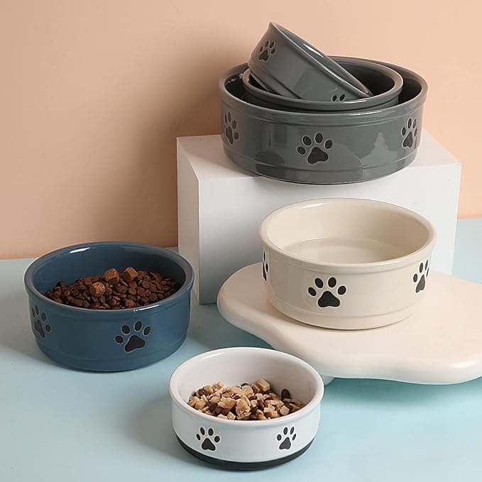Sweejar Ceramic Dog Bowls with Paw Pattern, Dog Food Dish for Small Dogs, Porcelain Pet Bowl for Water 16 Fl Oz (Fog Blue)