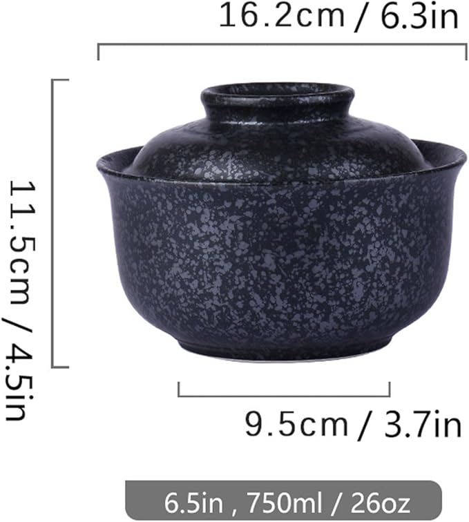 Ceramic Ramen Bowl Set, 800ml, with Lid, Spoon and Chopsticks, Japanese Vintage Large Soup Bowls Instant Noodle Bowl Asian Tableware (Black*2)