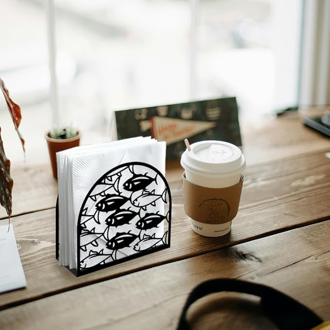 School of Fish Decorative Black Metal Napkin Holder for Table, 5.3"x4.9"x1.9" Shoal of Fish Ocean Animal Standing Napkin Holder for Home Kitchen Restaurant Picnic Coffee Bar Dining Room