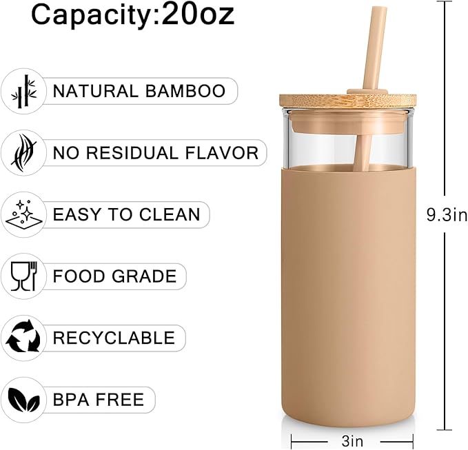 Tronco 20 oz Glass Tumbler with Lid and Straw, Iced Coffee Cup and Smoothie Cup with Bamboo Lids & Protective Silicone Sleeve, Dishwasher Safe, BPA-Free, Pink 1 Pack