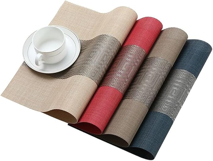 FAVE Placemats Set of 6 Indigo Blue Woven with Gray Placemats Durable and Wipeable Vinyl Placemat Set of 6 for Wedding, Banquet, Birthday, Party, Restaurant Decorations（Indigo Blue）