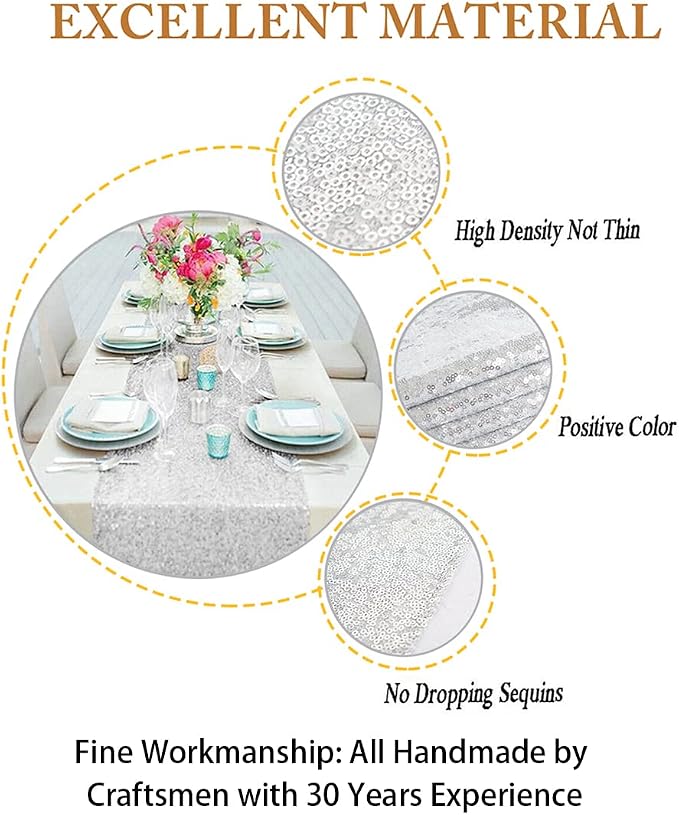 ShinyBeauty 12 by 108 in Wedding Silver Sequin Table Runner - Image 3