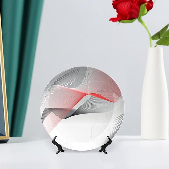 Decorative Plates, Abstract Print Ornament, Modern Geometric Squares Dots Curves Waves, 10 Inch, 1 Plate with 1 Display Stand, Red Grey Black