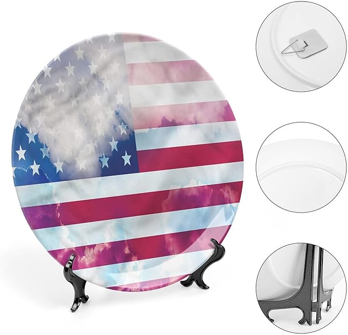 Ceramic Display Plate, American Flag Ceramic Hanging Decorative Plate, Flag Clouds Memorial, 7 Inch, Living Room Kitchen Decoration Household, Multicolor