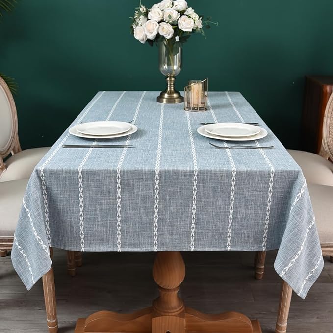 Zobesta Linen Table Cloth Blue Tablecloth Rectangle 98 x 53 Inch, Washable Farmhouse Soft Boho Blue Stripe Tablecloth for Party, Holiday, Picnic, Dining, Outdoor