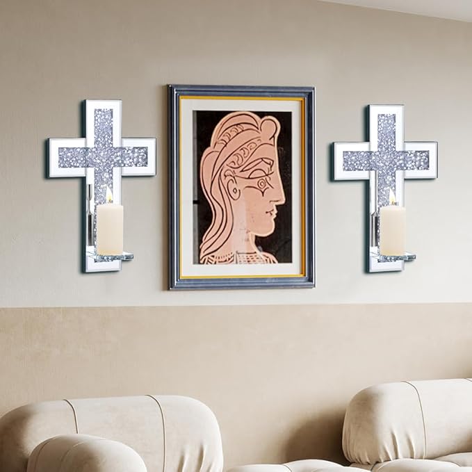 Pibeyer Crystal Crush Diamond Candle Holder Set of 2, Rectangle Silver Mirrored Candle Sconces, Wall Decorations for Living Room, Dining Room (Cross)
