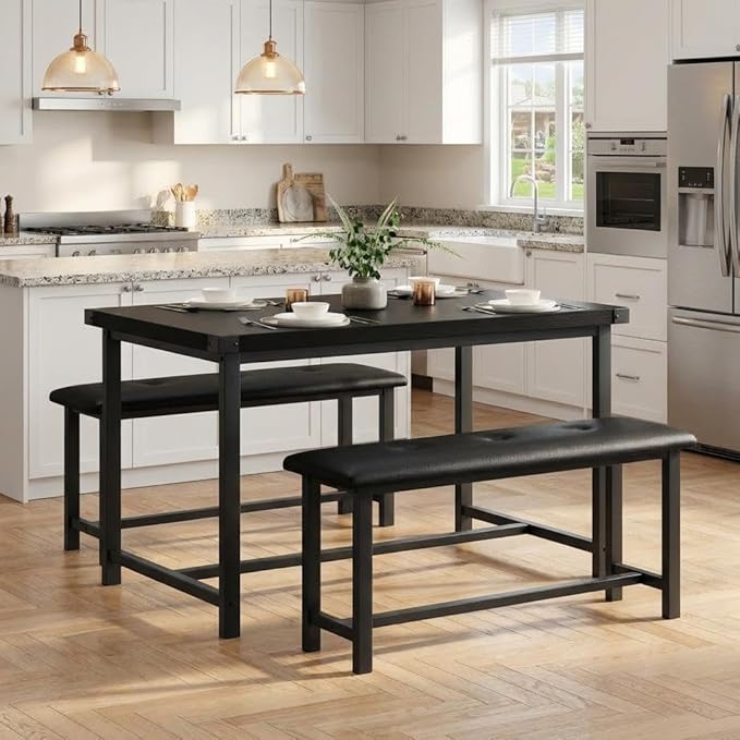 Garvee Dining Table with 2 Benches, Kitchen Table with 2 Upholstered Benches, 3 Piece Dining Table Set Space Saving for Apartment, Kitchen, 44.48" l x 27.58" w x 29.58" h, Black