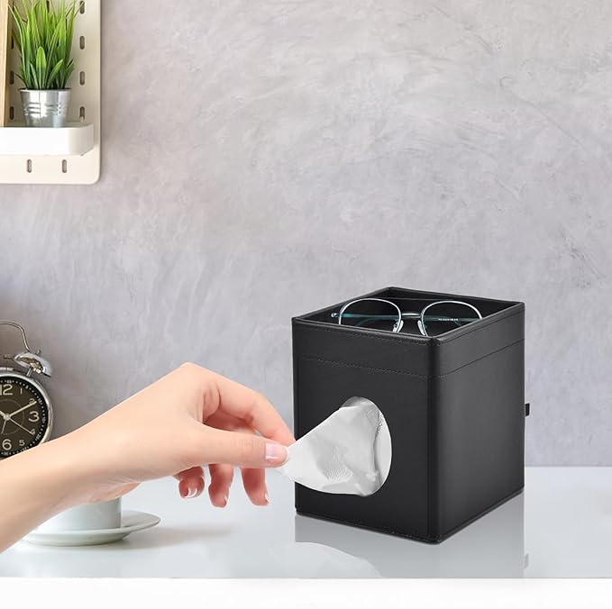 Tissue Box Cover Square Tissue Box Holder PU Leather Facial Tissues Organizer with Storage Tray for Bathroom Vanity Bedroom Office Car, Stylish Napkin Caddy Decorative Organizer (Black)