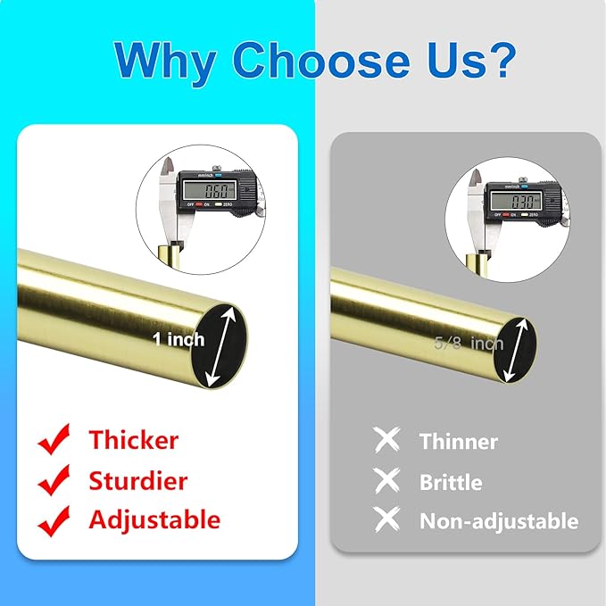 Curtain Rods for Windows 16 to 240 Inches Adjustable Length 1 Inch Diameter Window Curtain Rod with Aluminium Finials, Gold