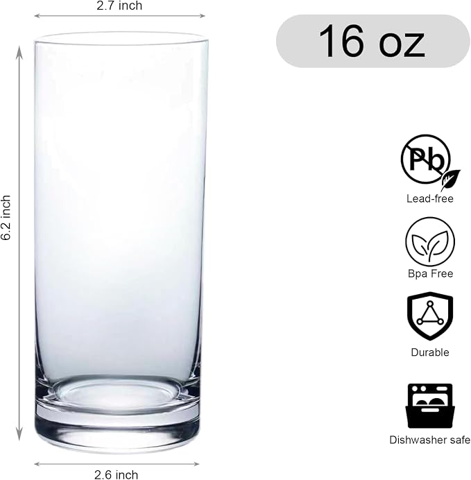 Wlasss Drinking Glasses Set of 8, 16oz Glass Cups, Kitchen Highball Glasses - Image 3