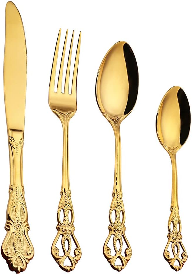 Gold Silverware Set for 12 Stainless Steel Flatware Set Palace Style Hollow Relief Decoration 48 Piece Cutlery Utensils Include Knives Forks and Spoons Tableware Set for Home Kitchen Restaurant Party