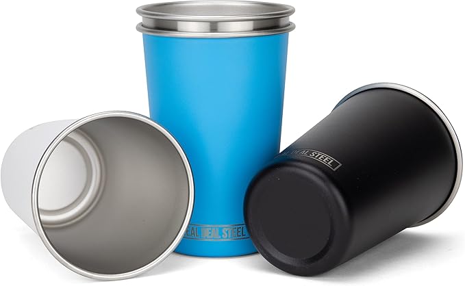 Real Deal Steel Party Pints: 16 oz Pint Cups, Stackable Tumblers, Eco Friendly Premium Metal Drinking Glasses