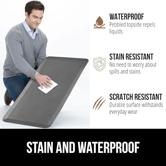 GORILLA GRIP Comfortable Cushioned Kitchen Mats for Floor, 48x20, Waterproof and Stain Resistant Soft Top, 3/4 Inch Thick Ergonomic Standing Desk Anti Fatigue Mat, Foam Supports Ankles and Feet, Grey