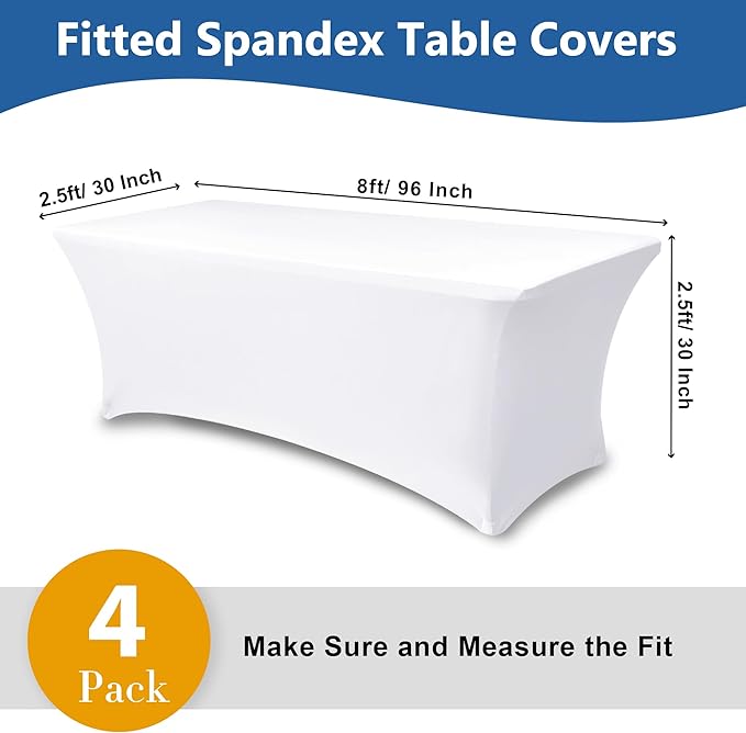Spandex Table Cloths for 8 Foot Rectangle Tables-4 Pack Fitted Stretch White Table Covers-Elastic Folding Tablecloths for Party, Vendor Booth Display, Banquet Buffet Event, Craft Trade Show