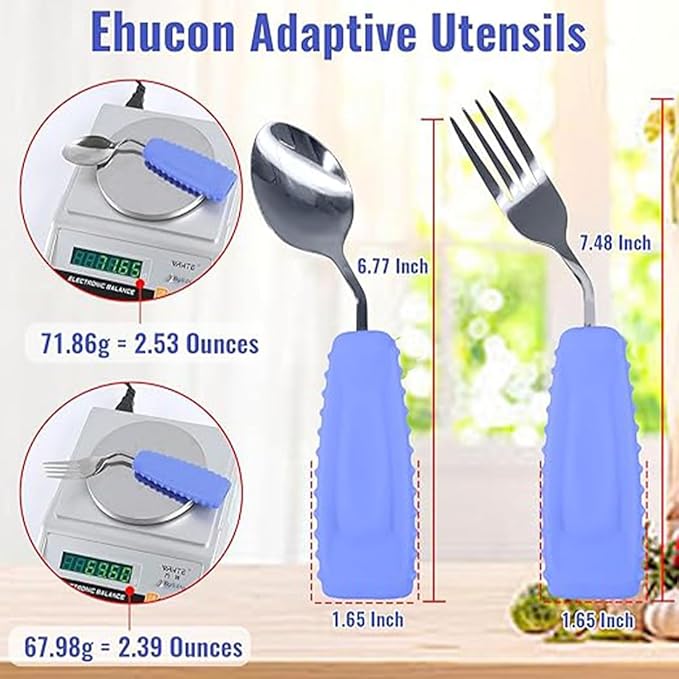 Adaptive Utensils for Hand Tremors,Weighted Utensils with Non-Slip Handle to Easy Grip for Elderly Use(Right Hand 1 pc Fork+1 pc Spoon=2 pcs, Purple)