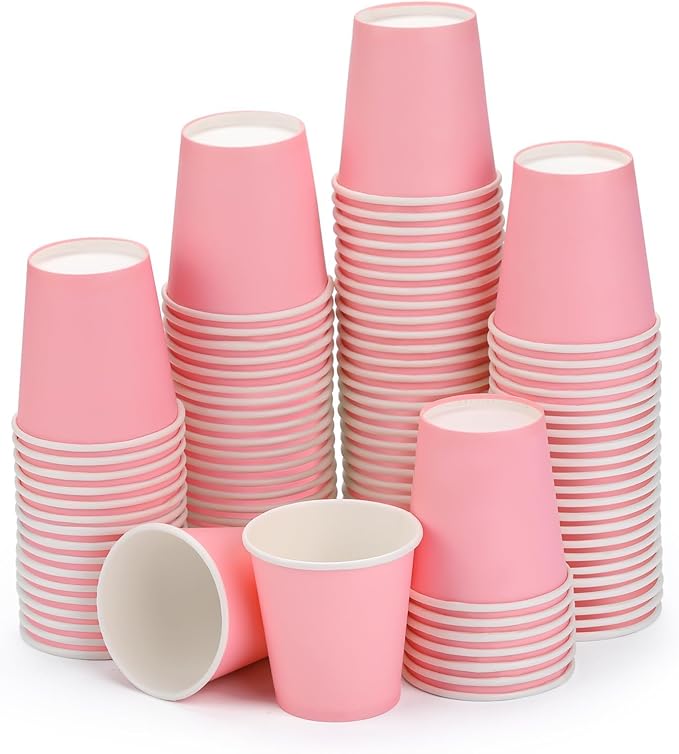 Wuadua 100 Pack 3 oz Pink Disposable Paper Cups - Sturdy and Leak-Proof for Parties, Events, Office, Home Use Disposable Mouthwash Cups - Ideal for Hot/Cold Drinks, Smooth Rim Design, Eco-Friendly