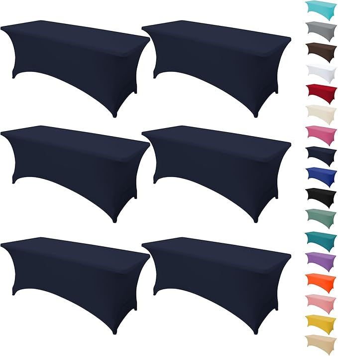 6Pack 6FT Table Cloth for Rectangular Fitted Events Stretch Navy Blue Table Covers Washable Spandex Tablecloth Protector for Party, Wedding, Cocktail, Banquet, Festival