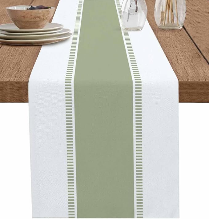 Sage Green Stripe Table Runners 70 inches Long, Linen Boho Table Runner by Futuregrace