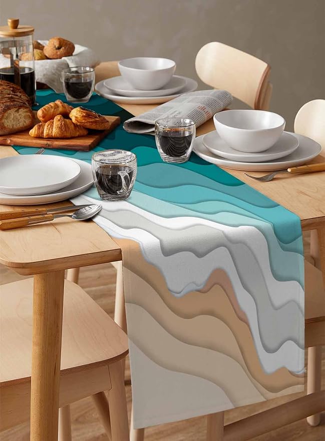 Turquoise Geometric Beach Table Runners 70 Inches Long, Cotton Linen Fabric - Image 3