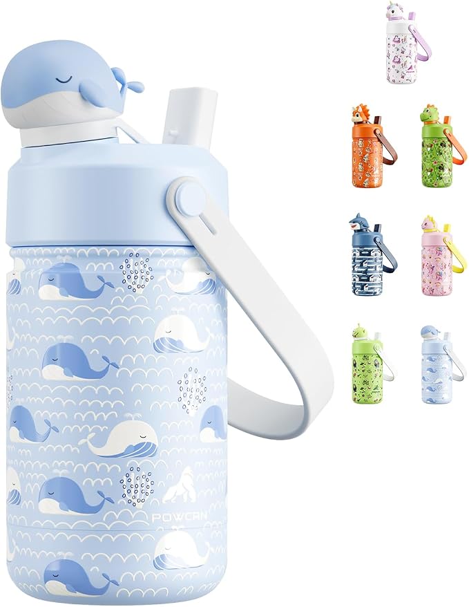POWCAN 12 oz Kids Water Bottle for School: 2-in-1 Straw Spout Lid by POWCAN