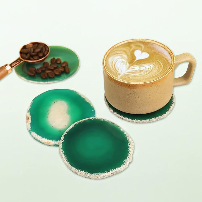 Agate Drink Coasters Set of 4, Natural Stone Coaster for Coffee Table 3.5-4" Geode Gemstone Coasters Decor, Unique Gift for Women Men Housewarming Birthday Wedding Anniversary (Green)