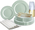" OCCASIONS " 960pcs set (120 Guests) Extra Heavyweight Vintage Wedding Disposable/Reusable Plastic Plates -120x11'' +120x8.25''+Silverware+Cups+Napkins (Chateau in Mint)