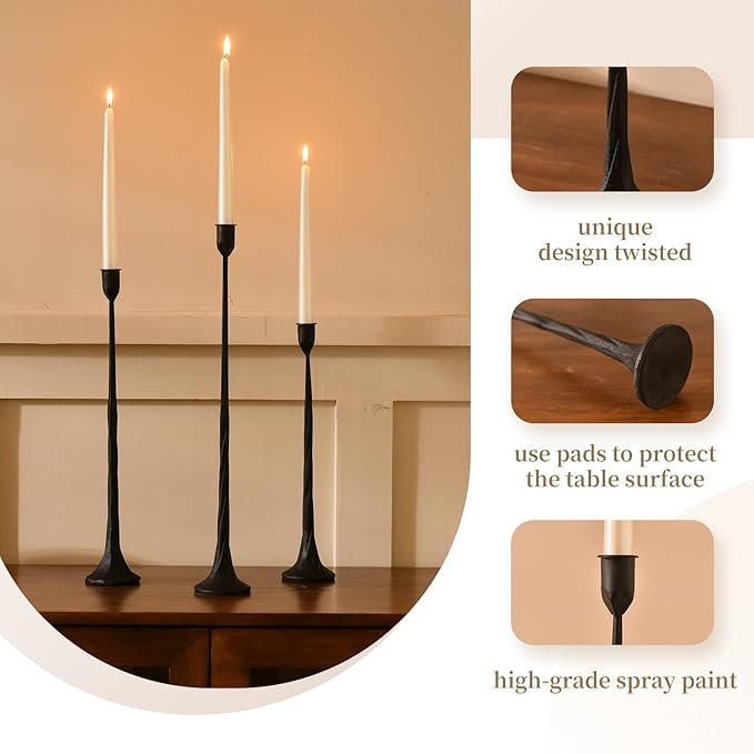 Iron Black Candlestick Holders, Set of 3 Candle Stick Holders,Fits 3/4 inch Thick Candle&Led Candles, Vintage Modern Decorative Centerpiece for Dining Table Centerpiece, Wedding, Party Decor