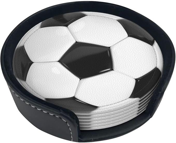 Football Soccer Coasters for Drinks with Holder Leather Coasters Set of 6 for Coffee Table