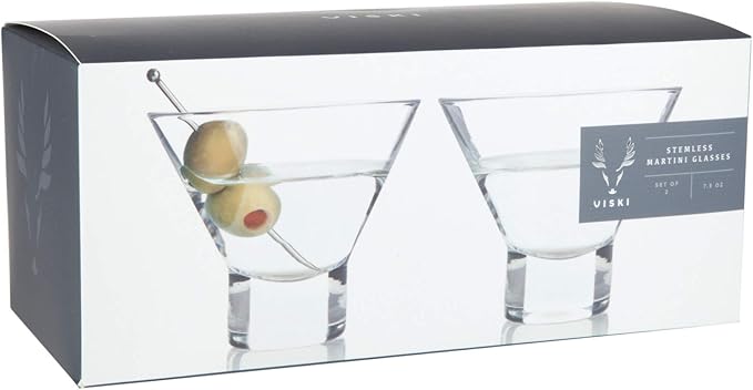 Viski Heavy Base Stemless Martini Glasses Set of 2 - Premium Short Crystal Cocktail Glass Gift Set, 7.5 oz.