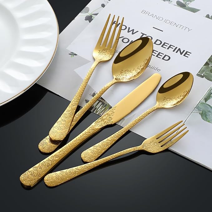 60-piece flowers Gold TWEE Silverware Set for 12, Palace Style Stainless Steel Flatware Cutlery Serving Utensils, Eating Tableware for Home Kitchen Hotel Restaurant, Mirror Polished