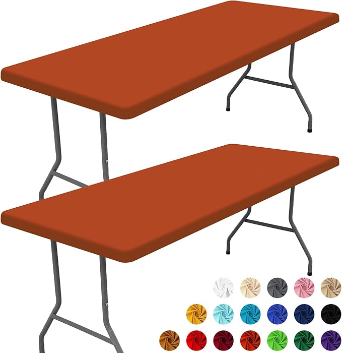 Spandex 4 Foot Rectangle Thanksgiving Table Cloth 2 Pack, Elastic Fitted Tablecloths for Picnic, Stretch Washable Patio Table Cover for Outdoor, Camping, Banquet and Parties (Rust, 30"x48")