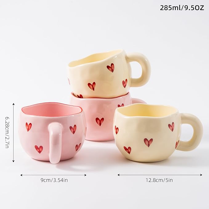 4pcs Ceramic Heart Mugs, 9.4OZ Cute Love Coffee Cup Set, Dishwasher Safe - Image 5