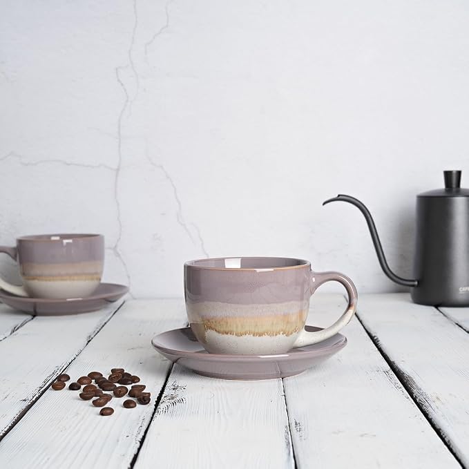 Bosmarlin Ceramic Cappuccino Cup and Saucer Set of 2, 10 Oz, Coffee Cups - Image 4