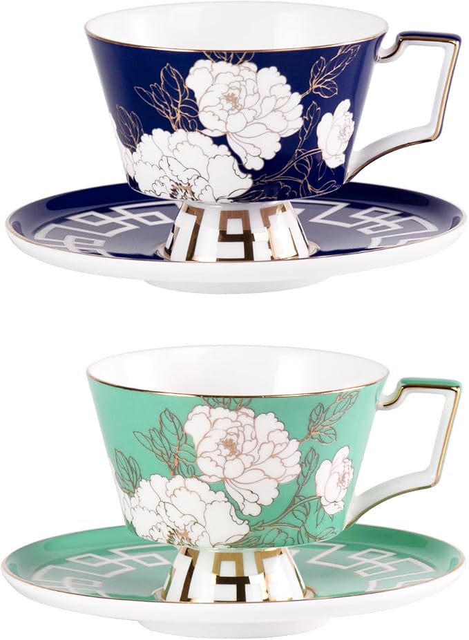 KAMMAK Ceramic Coffee Cups Saucers Set of 2, Porcelain Espresso Cups by KAMMAK