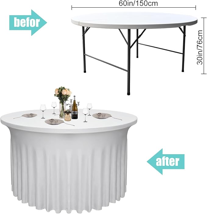 2 Pack White Round Table Skirt, 60 Inch Diameter x 30 Inch Height, Stretch Polyester Spandex Tablecloth for 5ft Round Tables, Stain & Wrinkle Resistant for Wedding, Banquet Decor