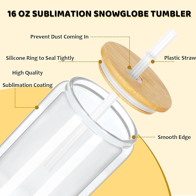 16 Oz Snow Globe Tumbler, 4 Pack Pre-Drilled Sublimation Glass Cup - Image 2