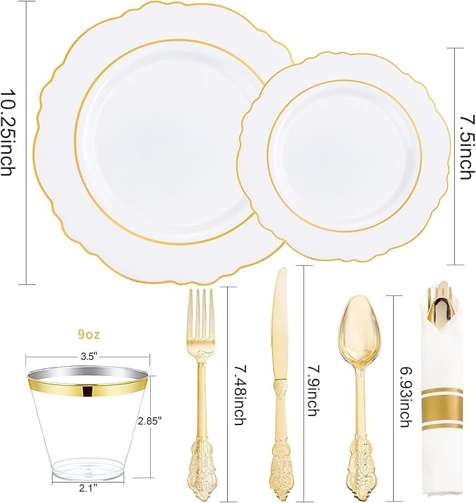 Liacere 350PCS Gold Plastic Plates-Disposable White and Gold Plates 50guest Baroque Plastic Dinnerware include 100Plates, 50Pack Pre Rolled Napkins with Silverware 50Cups for Wedding&New Years