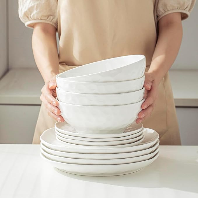 HOMBENE 8 Inch Pasta and Salad Bowls, Serving and Soup Bowl Set, Microwave Safe Ceramic Plates, Set of 2, White