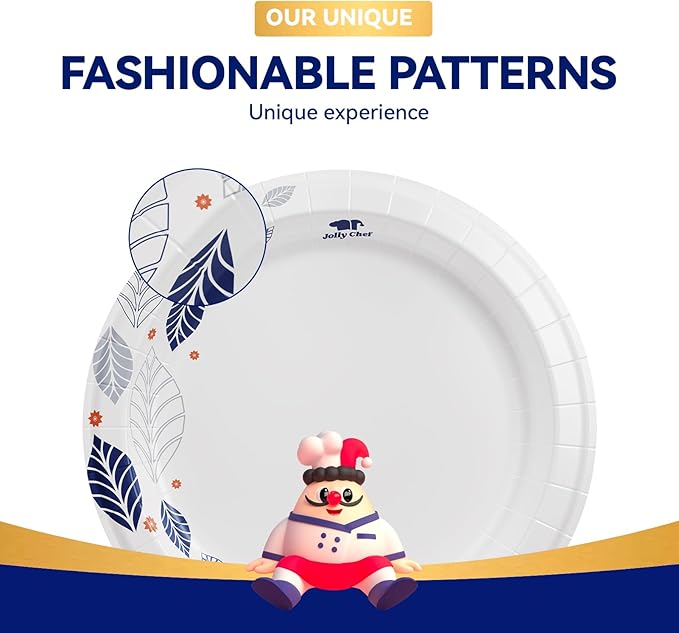 JOLLY CHEF 280 Count Paper Plates 8 inch Soak Proof, Cut Proof, Heavy Duty Leaf Printed Disposable Paper Plates for Everyday Use